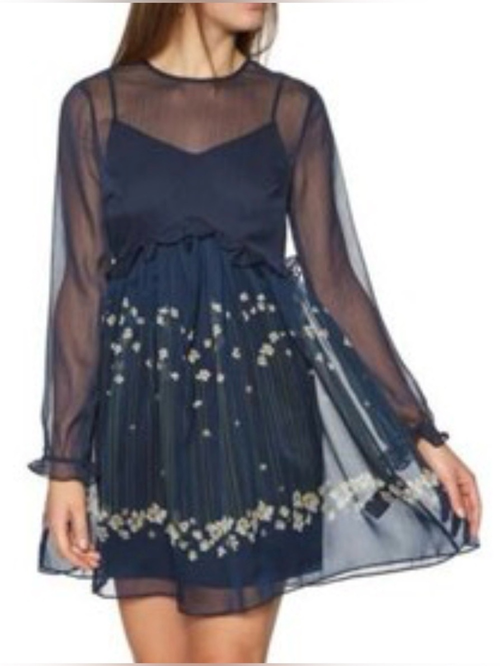 Ted Baker Navy Floral Long Sleeve Chiffon Dress - Picture 5 of 15